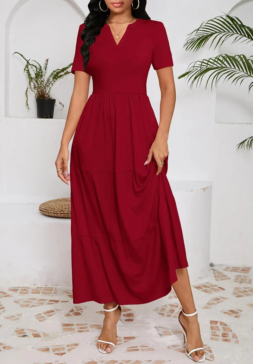 Women 2025 Casual Loose Maxi Dress with Pockets V Neck Short Sleeve Tiered Long Summer Beach Swing Dresses