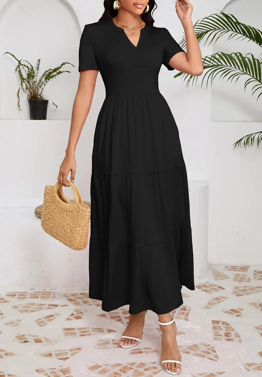 Women 2025 Casual Loose Maxi Dress with Pockets V Neck Short Sleeve Tiered Long Summer Beach Swing Dresses