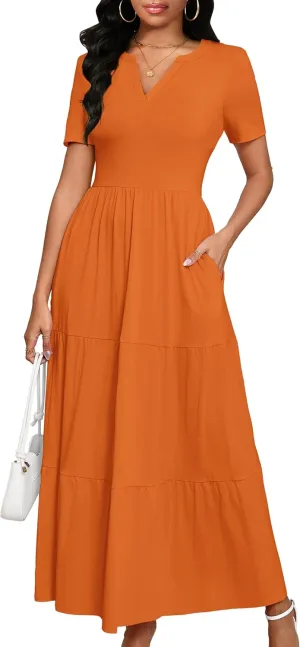Women 2025 Casual Loose Maxi Dress with Pockets V Neck Short Sleeve Tiered Long Summer Beach Swing Dresses