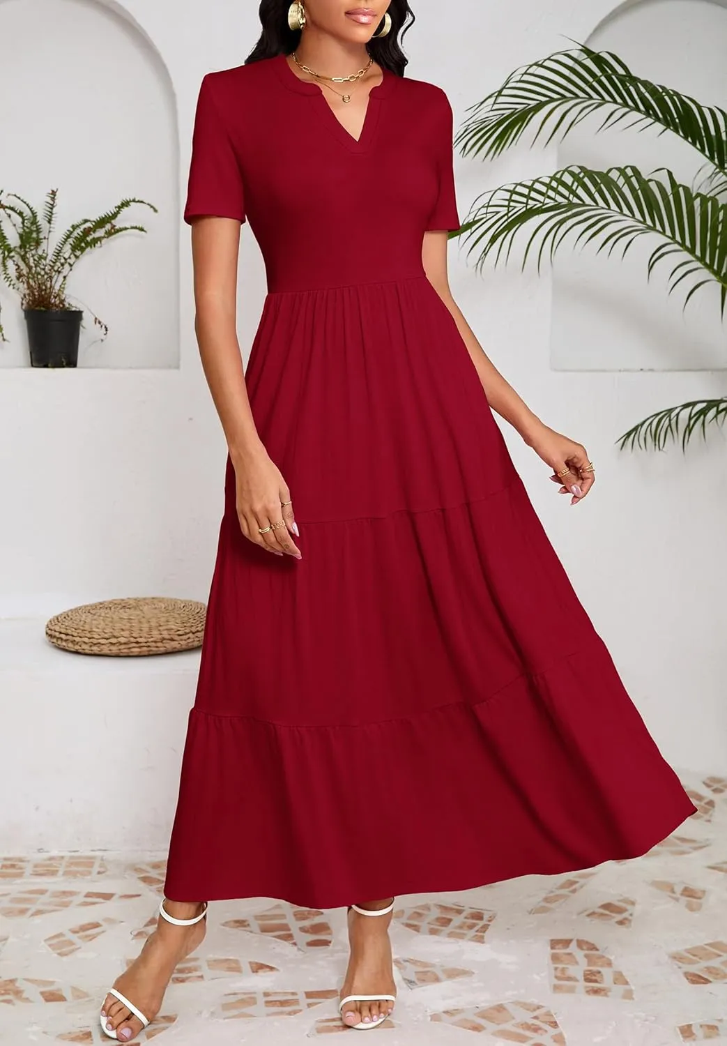 Women 2025 Casual Loose Maxi Dress with Pockets V Neck Short Sleeve Tiered Long Summer Beach Swing Dresses