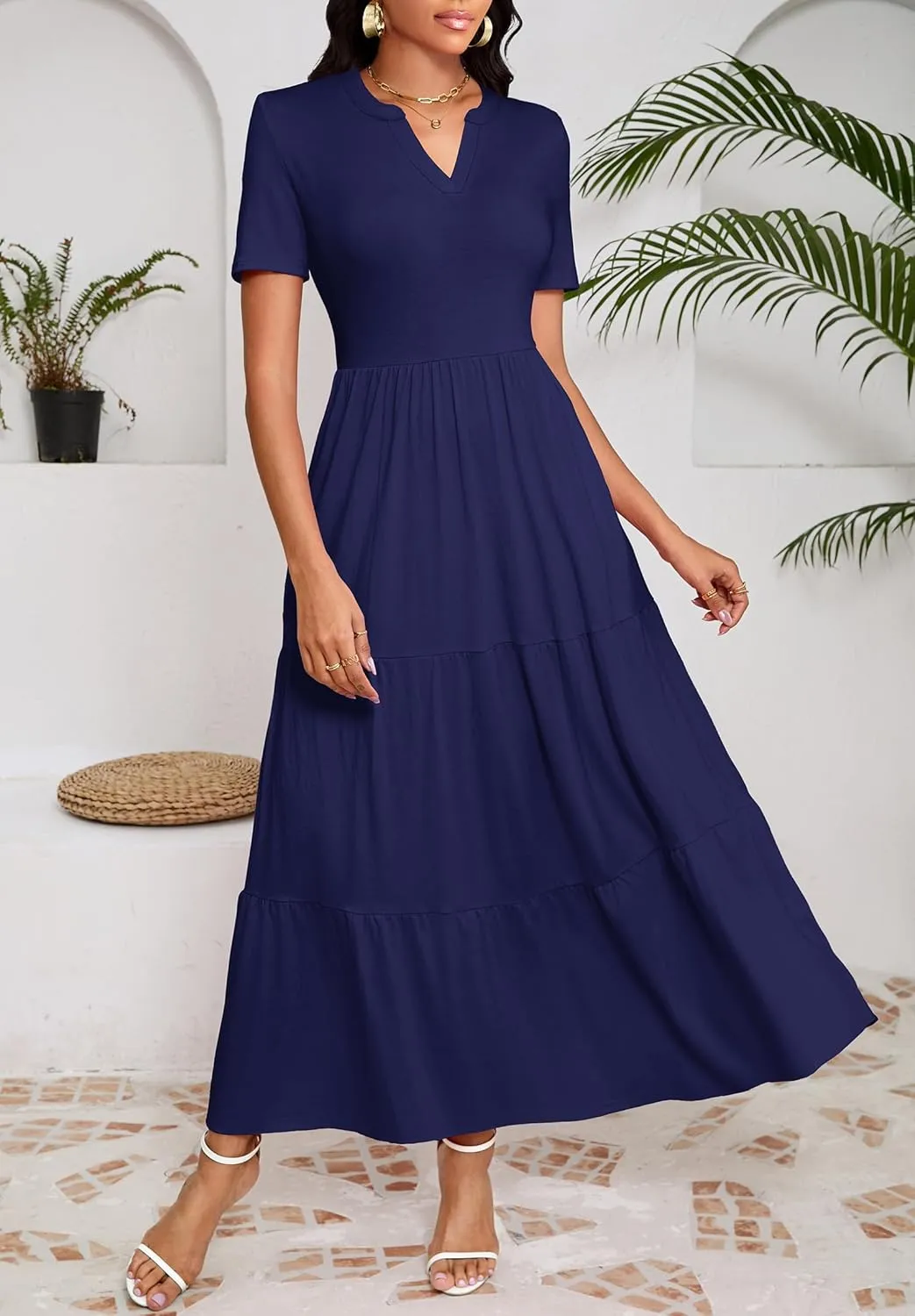 Women 2025 Casual Loose Maxi Dress with Pockets V Neck Short Sleeve Tiered Long Summer Beach Swing Dresses