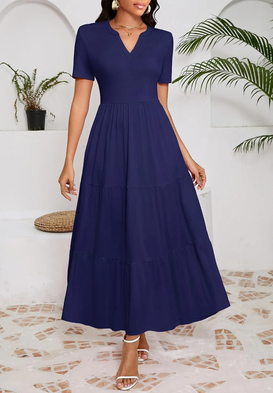 Women 2025 Casual Loose Maxi Dress with Pockets V Neck Short Sleeve Tiered Long Summer Beach Swing Dresses