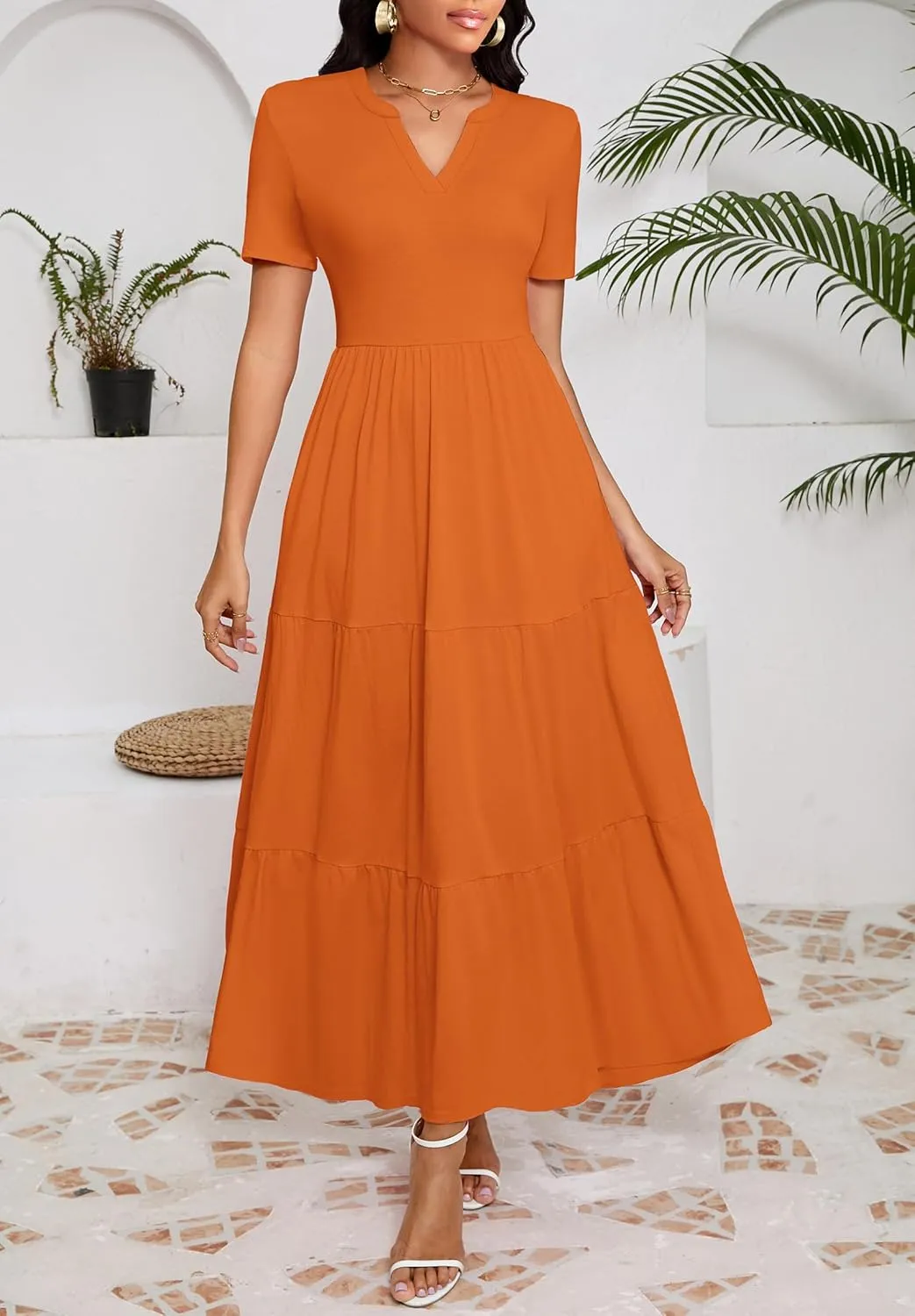 Women 2025 Casual Loose Maxi Dress with Pockets V Neck Short Sleeve Tiered Long Summer Beach Swing Dresses