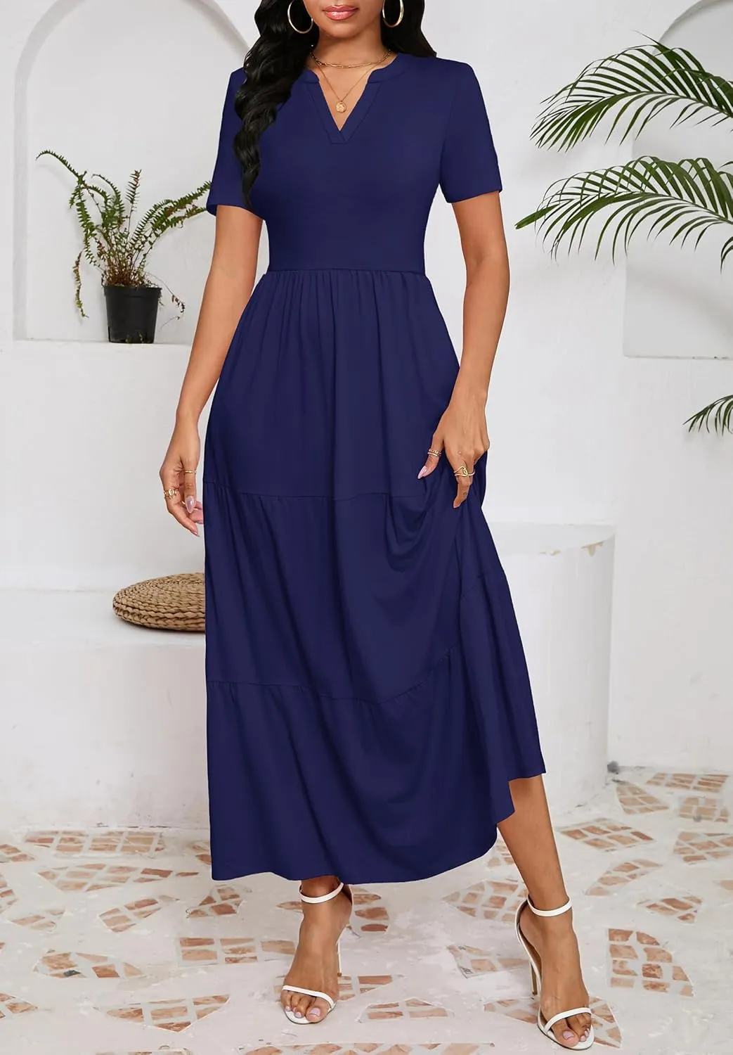 Women 2025 Casual Loose Maxi Dress with Pockets V Neck Short Sleeve Tiered Long Summer Beach Swing Dresses