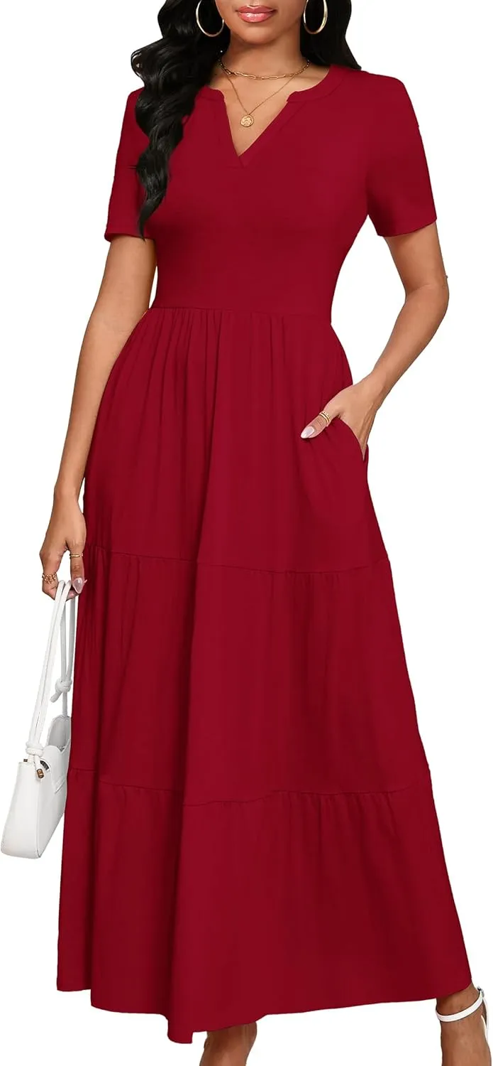 Women 2025 Casual Loose Maxi Dress with Pockets V Neck Short Sleeve Tiered Long Summer Beach Swing Dresses