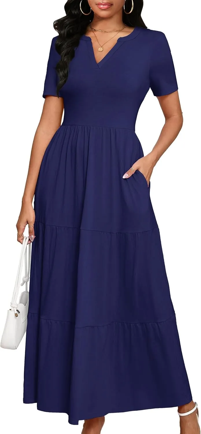 Women 2025 Casual Loose Maxi Dress with Pockets V Neck Short Sleeve Tiered Long Summer Beach Swing Dresses