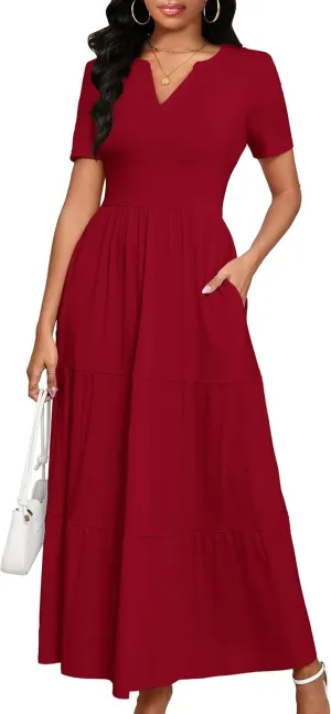 Women 2025 Casual Loose Maxi Dress with Pockets V Neck Short Sleeve Tiered Long Summer Beach Swing Dresses