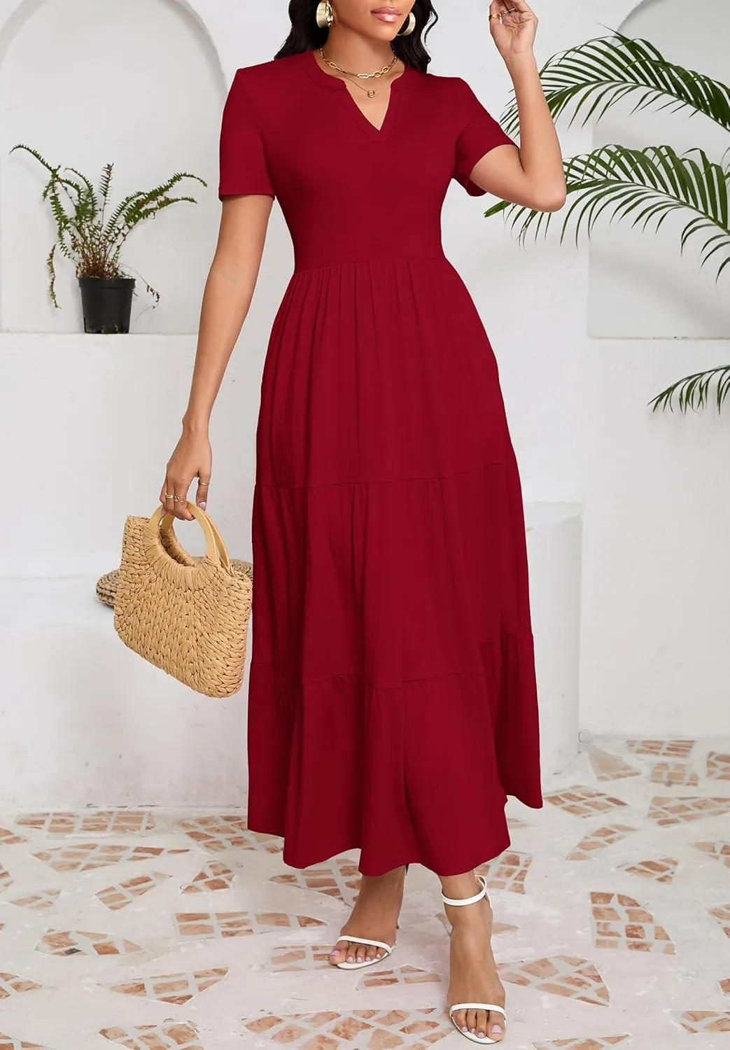 Women 2025 Casual Loose Maxi Dress with Pockets V Neck Short Sleeve Tiered Long Summer Beach Swing Dresses