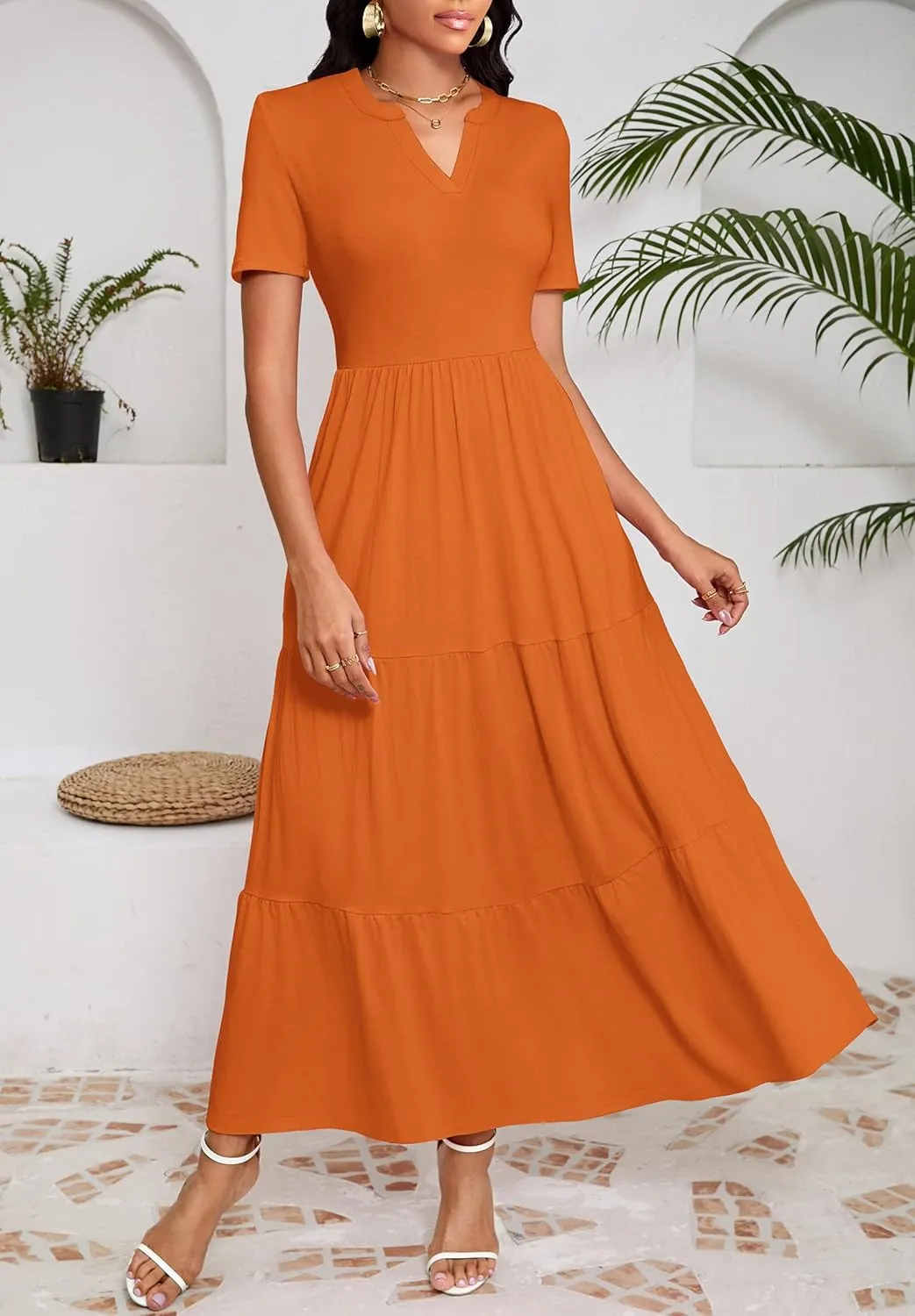 Women 2025 Casual Loose Maxi Dress with Pockets V Neck Short Sleeve Tiered Long Summer Beach Swing Dresses