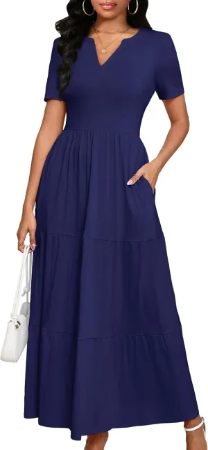 Women 2025 Casual Loose Maxi Dress with Pockets V Neck Short Sleeve Tiered Long Summer Beach Swing Dresses
