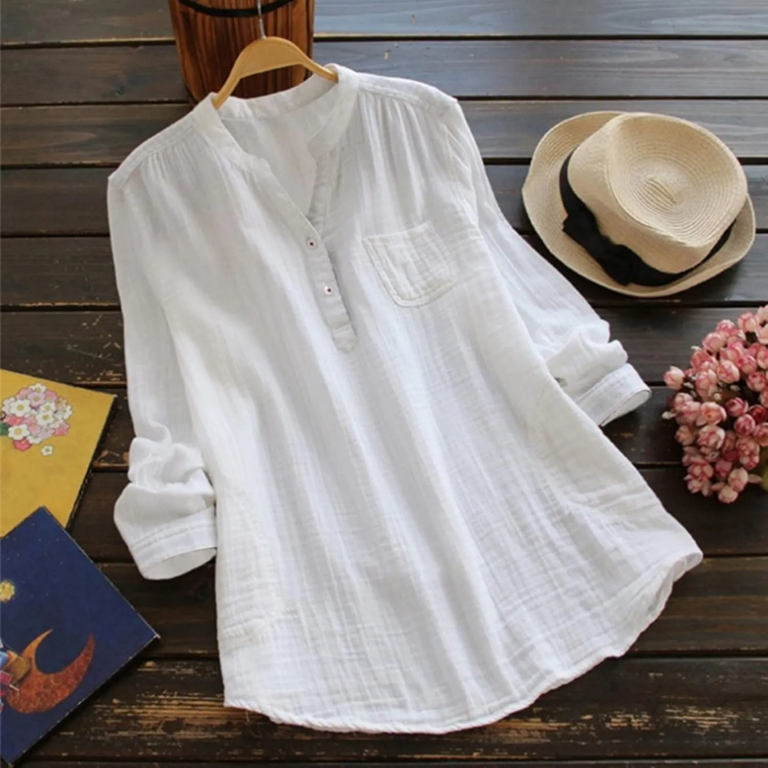 Women Bohemian Boho Linen Short Sleeve Tops Summer Beach Casual Oversized Tunic Tops V Neck Loose Tshirt