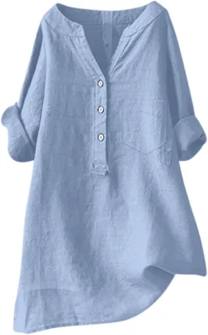 Women Bohemian Boho Linen Short Sleeve Tops Summer Beach Casual Oversized Tunic Tops V Neck Loose Tshirt