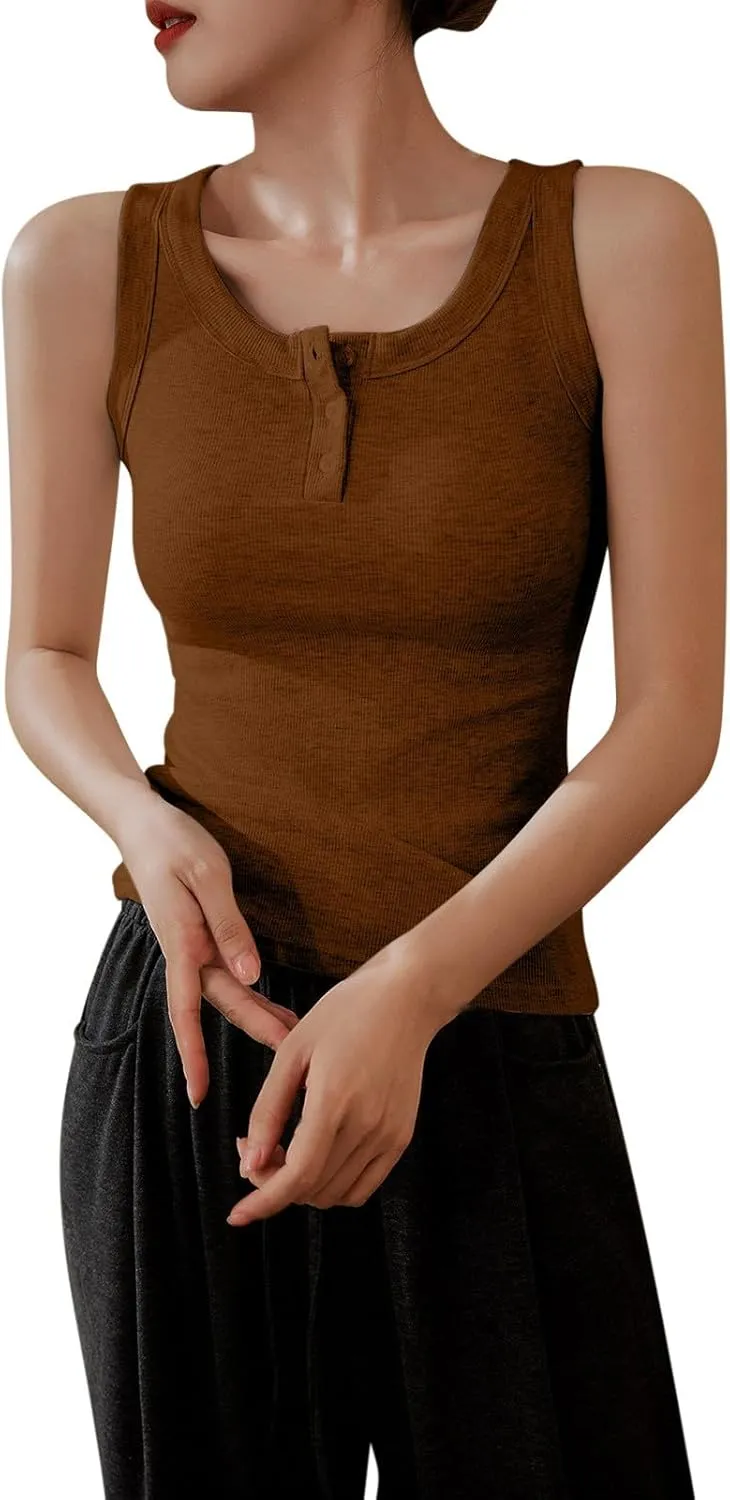 Women Cotton Tank Tops Solid Color Basic Scoop Neck Sleeveless Button Tee Shirts Summer Casual Slim Fit Beach Blouse