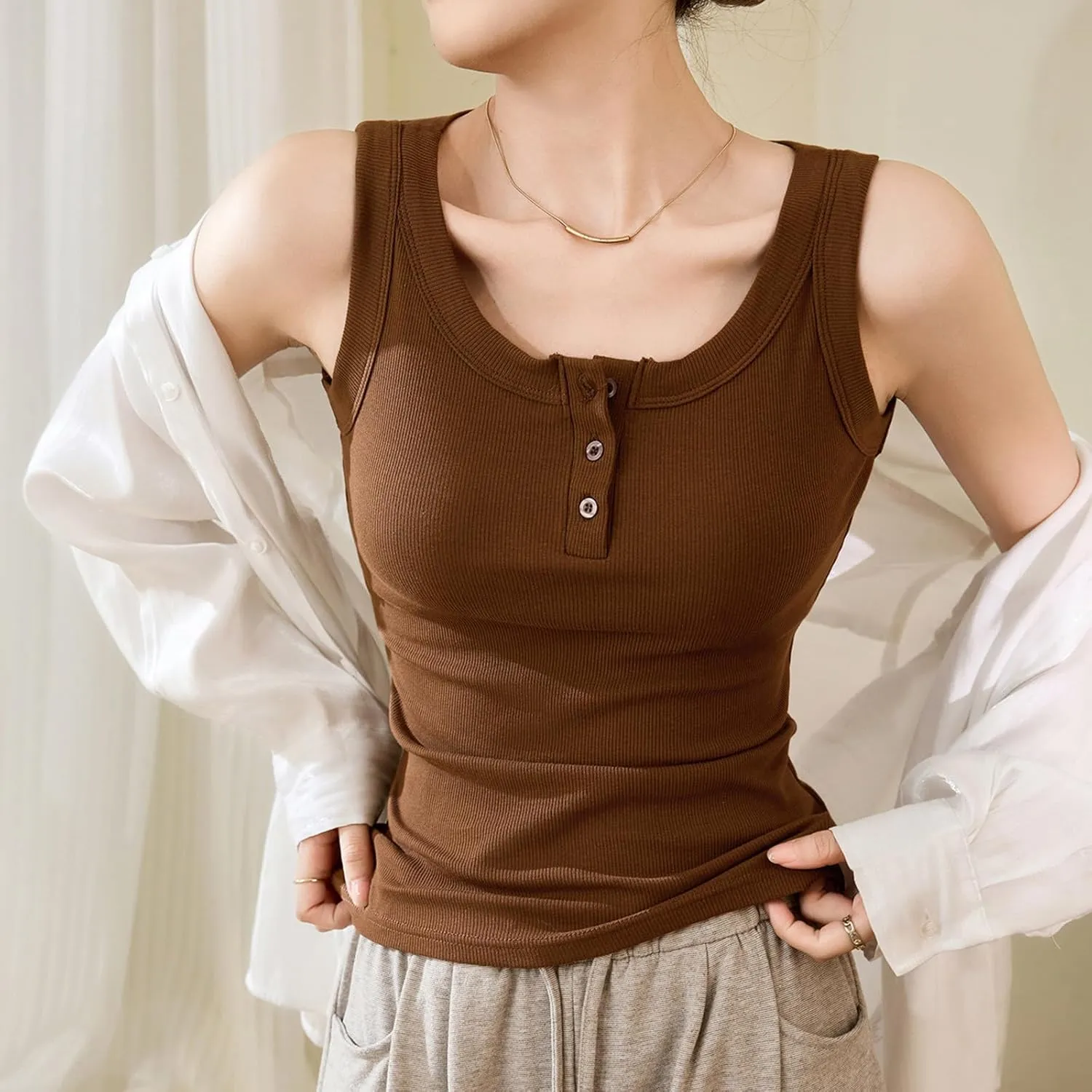Women Cotton Tank Tops Solid Color Basic Scoop Neck Sleeveless Button Tee Shirts Summer Casual Slim Fit Beach Blouse