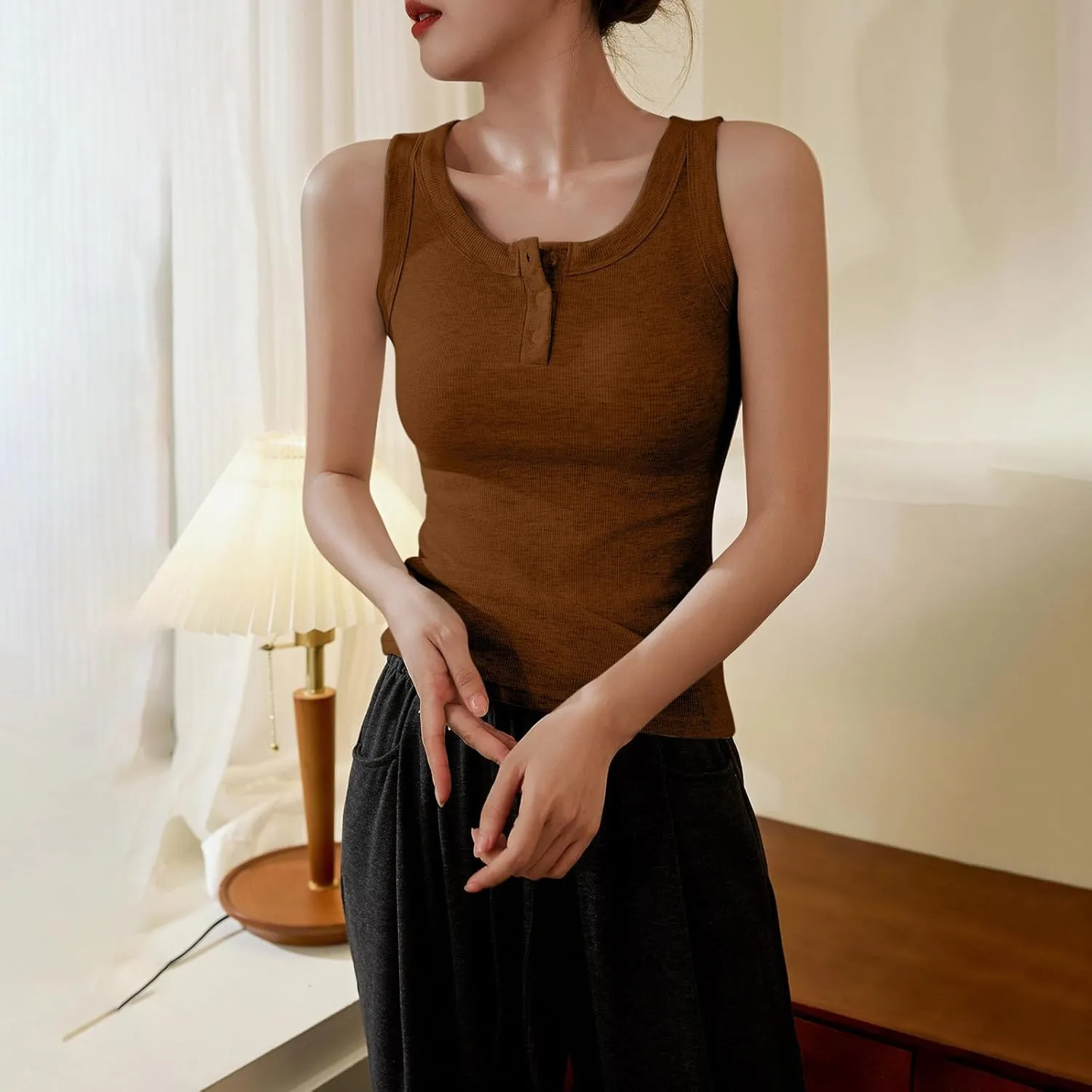 Women Cotton Tank Tops Solid Color Basic Scoop Neck Sleeveless Button Tee Shirts Summer Casual Slim Fit Beach Blouse