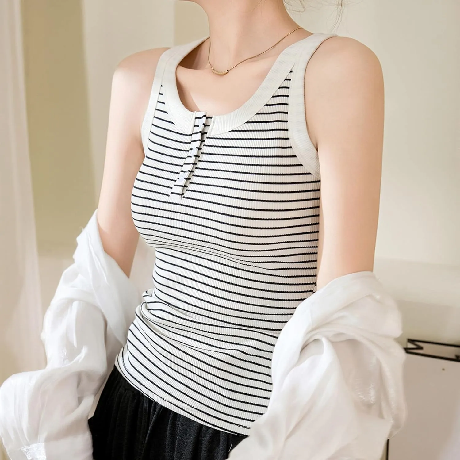 Women Cotton Tank Tops Solid Color Basic Scoop Neck Sleeveless Button Tee Shirts Summer Casual Slim Fit Beach Blouse