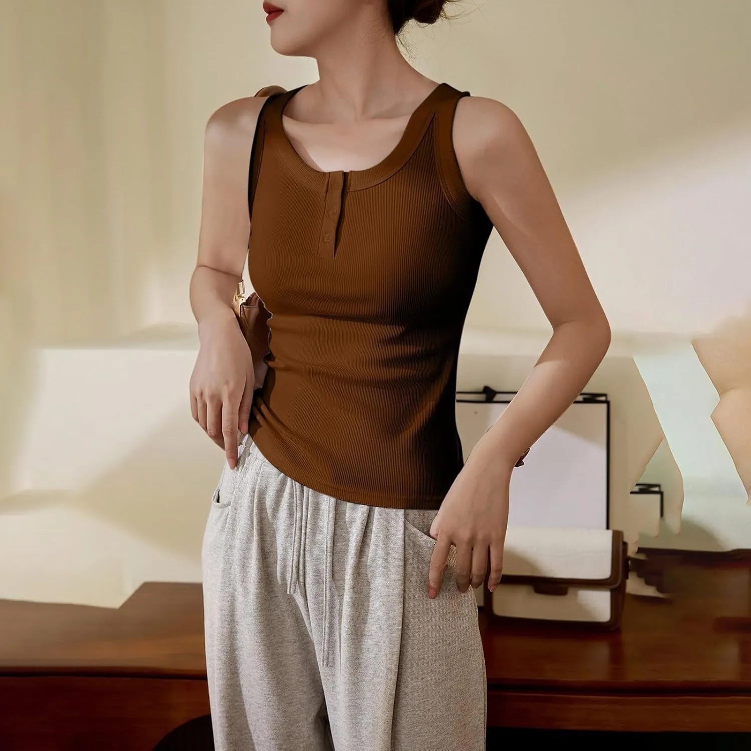 Women Cotton Tank Tops Solid Color Basic Scoop Neck Sleeveless Button Tee Shirts Summer Casual Slim Fit Beach Blouse