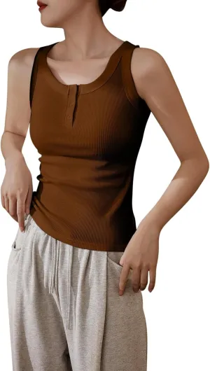 Women Cotton Tank Tops Solid Color Basic Scoop Neck Sleeveless Button Tee Shirts Summer Casual Slim Fit Beach Blouse