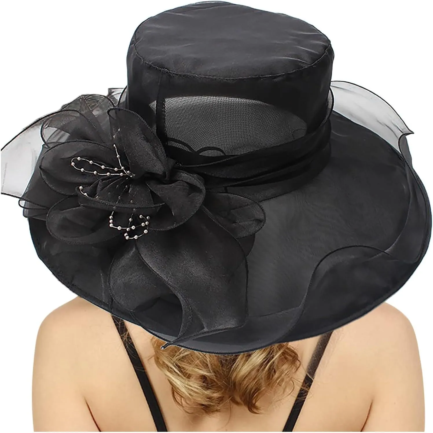 Women Elegant Organza Dress Hat Dressy Flower Bowknot Sun Hats Bridal Wide Brim Wedding Guest Church Bucket Hats