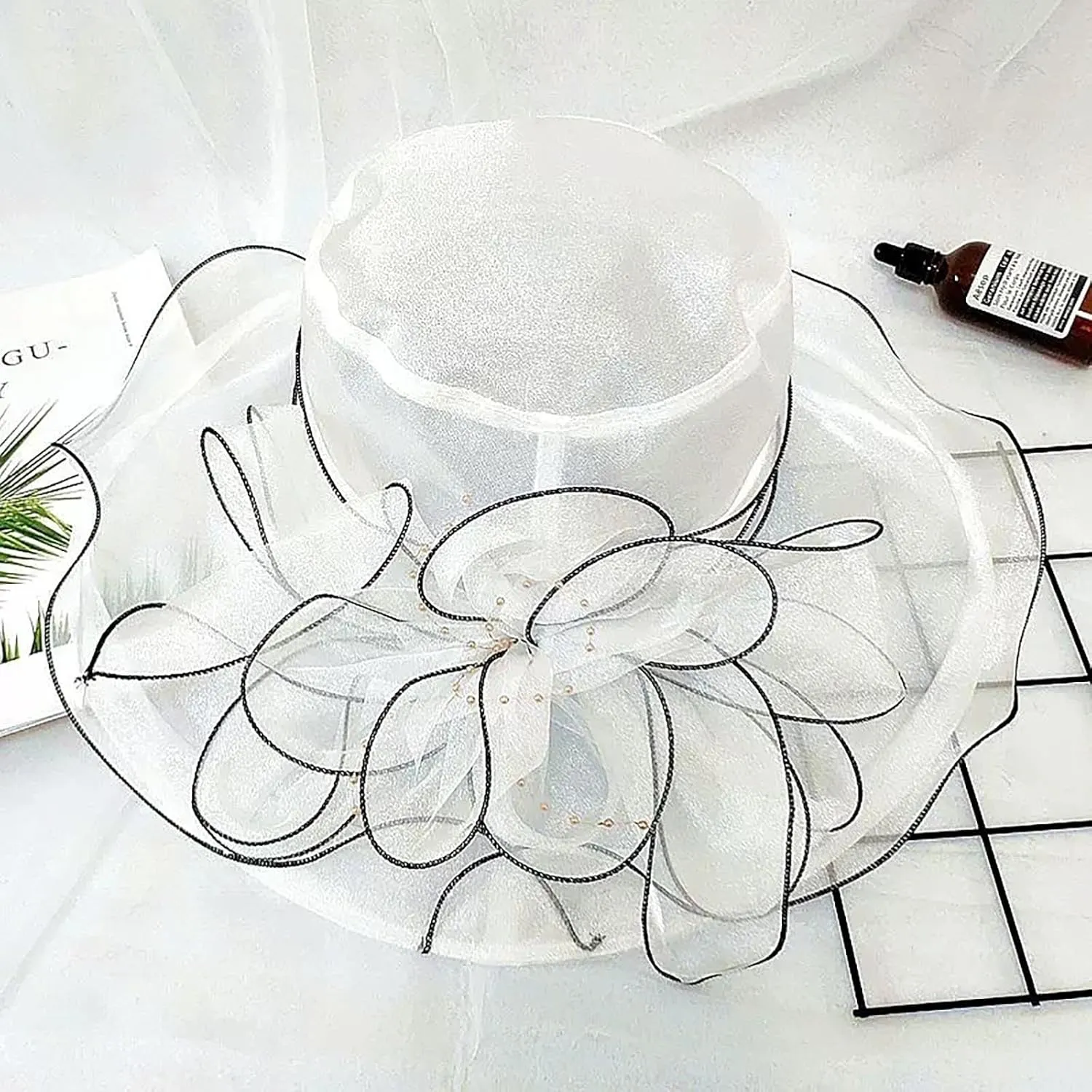Women Elegant Organza Dress Hat Dressy Flower Bowknot Sun Hats Bridal Wide Brim Wedding Guest Church Bucket Hats