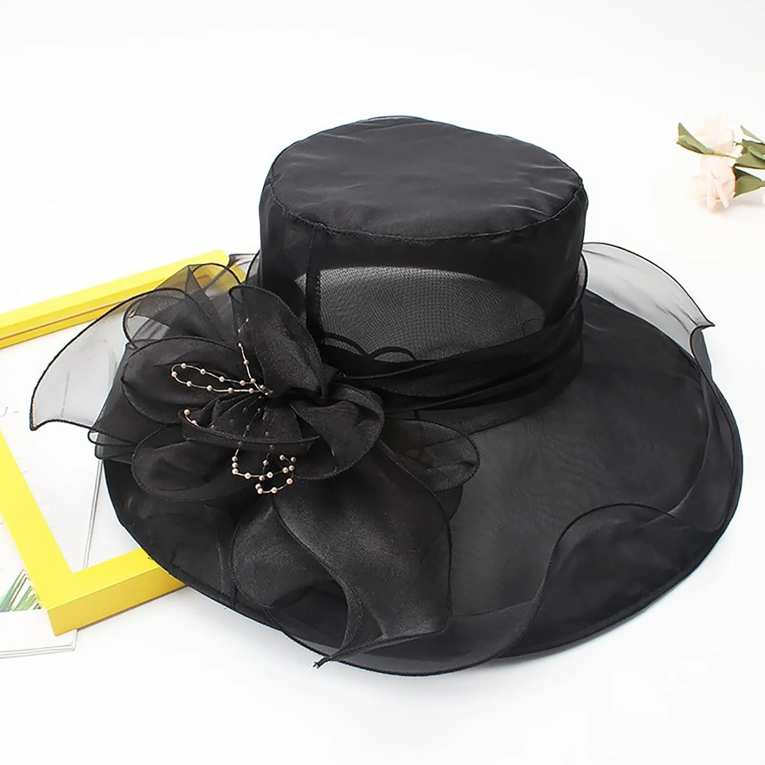 Women Elegant Organza Dress Hat Dressy Flower Bowknot Sun Hats Bridal Wide Brim Wedding Guest Church Bucket Hats