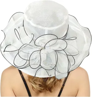 Women Elegant Organza Dress Hat Dressy Flower Bowknot Sun Hats Bridal Wide Brim Wedding Guest Church Bucket Hats