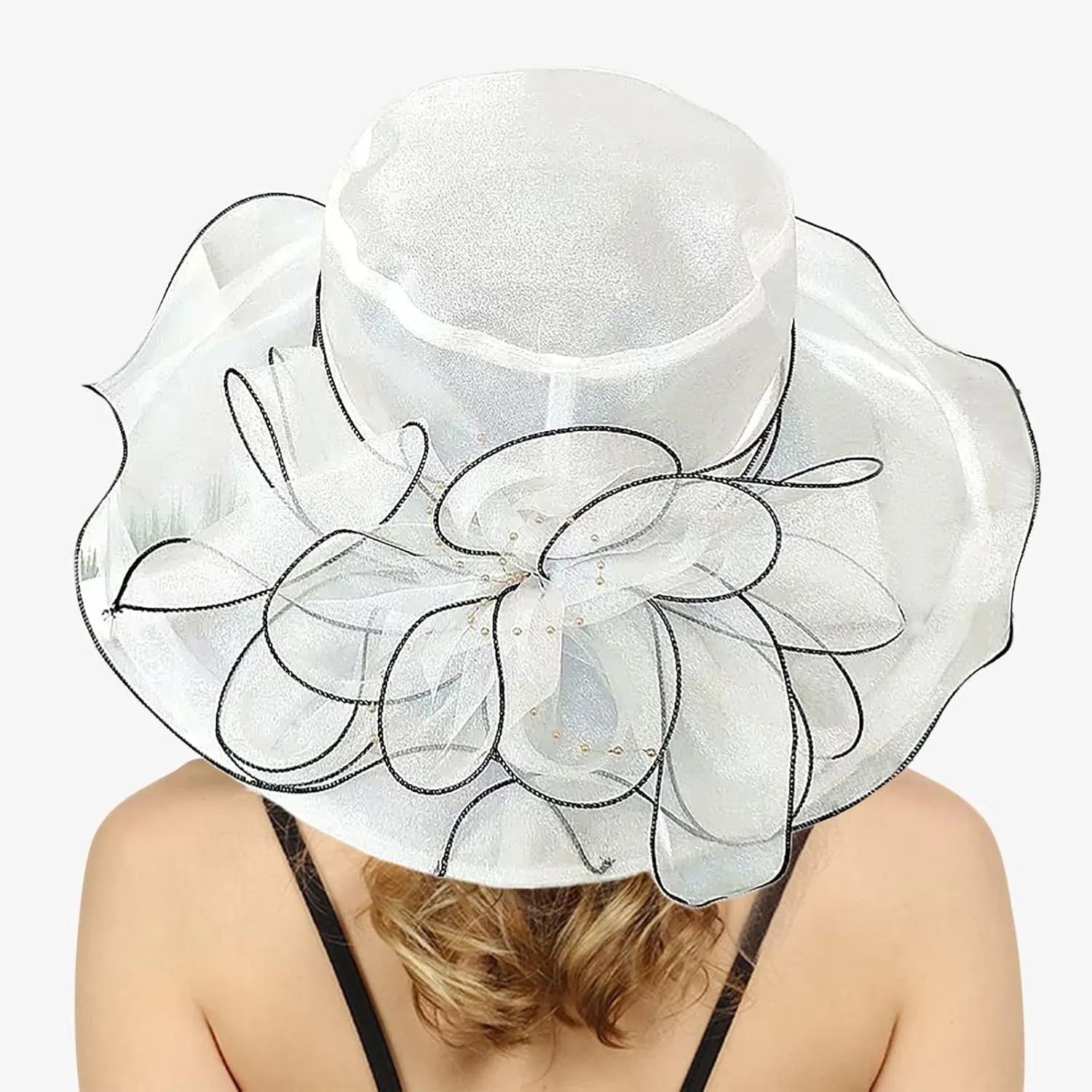 Women Elegant Organza Dress Hat Dressy Flower Bowknot Sun Hats Bridal Wide Brim Wedding Guest Church Bucket Hats