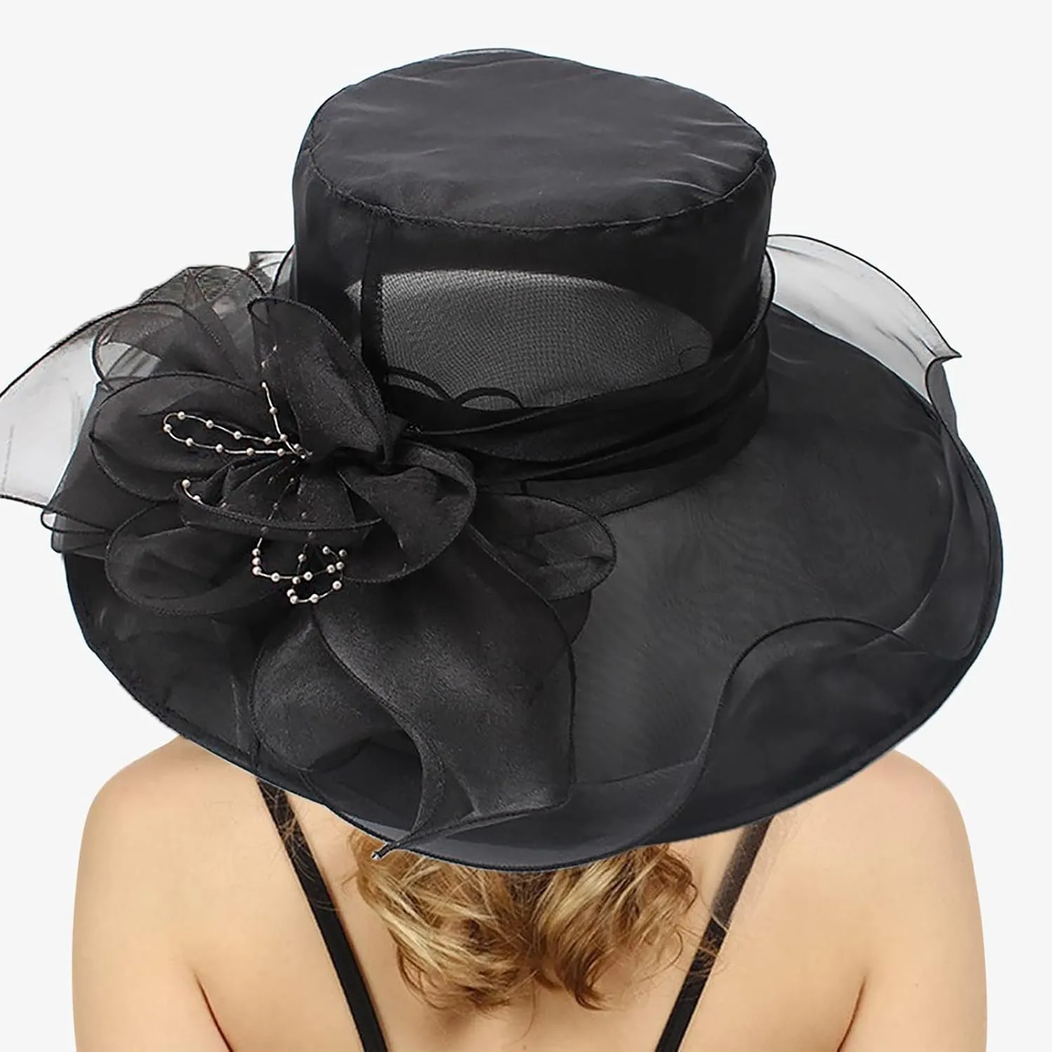 Women Elegant Organza Dress Hat Dressy Flower Bowknot Sun Hats Bridal Wide Brim Wedding Guest Church Bucket Hats