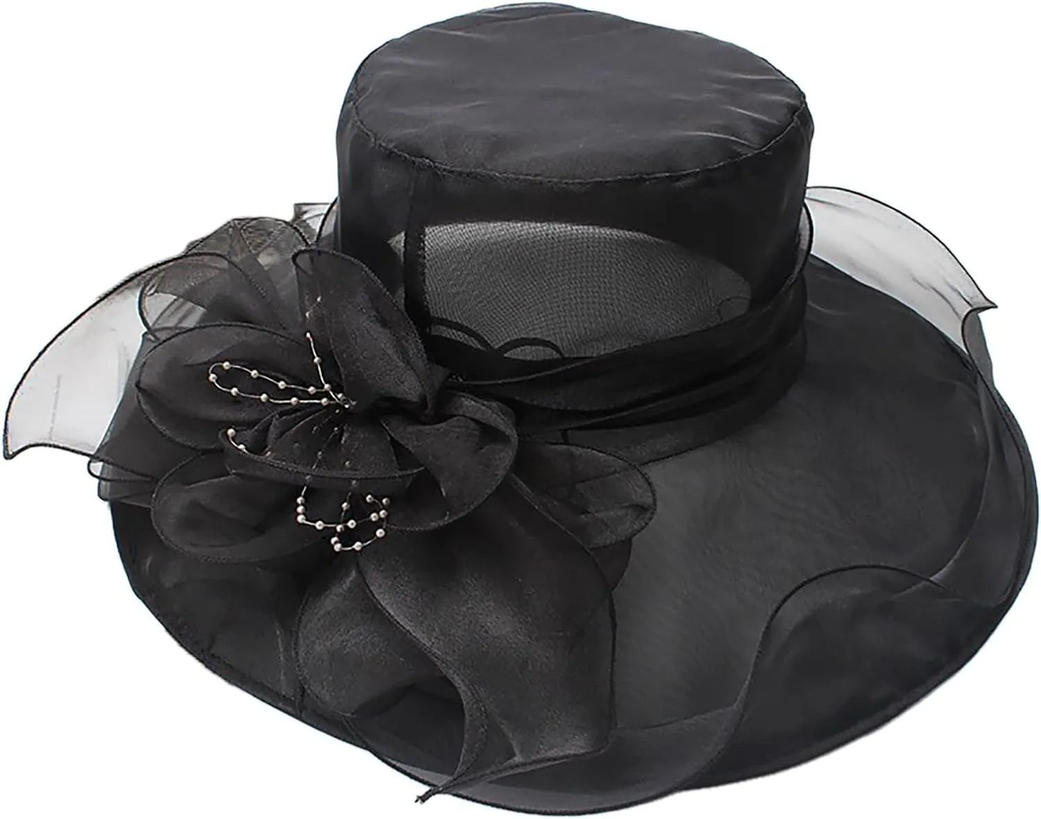 Women Elegant Organza Dress Hat Dressy Flower Bowknot Sun Hats Bridal Wide Brim Wedding Guest Church Bucket Hats