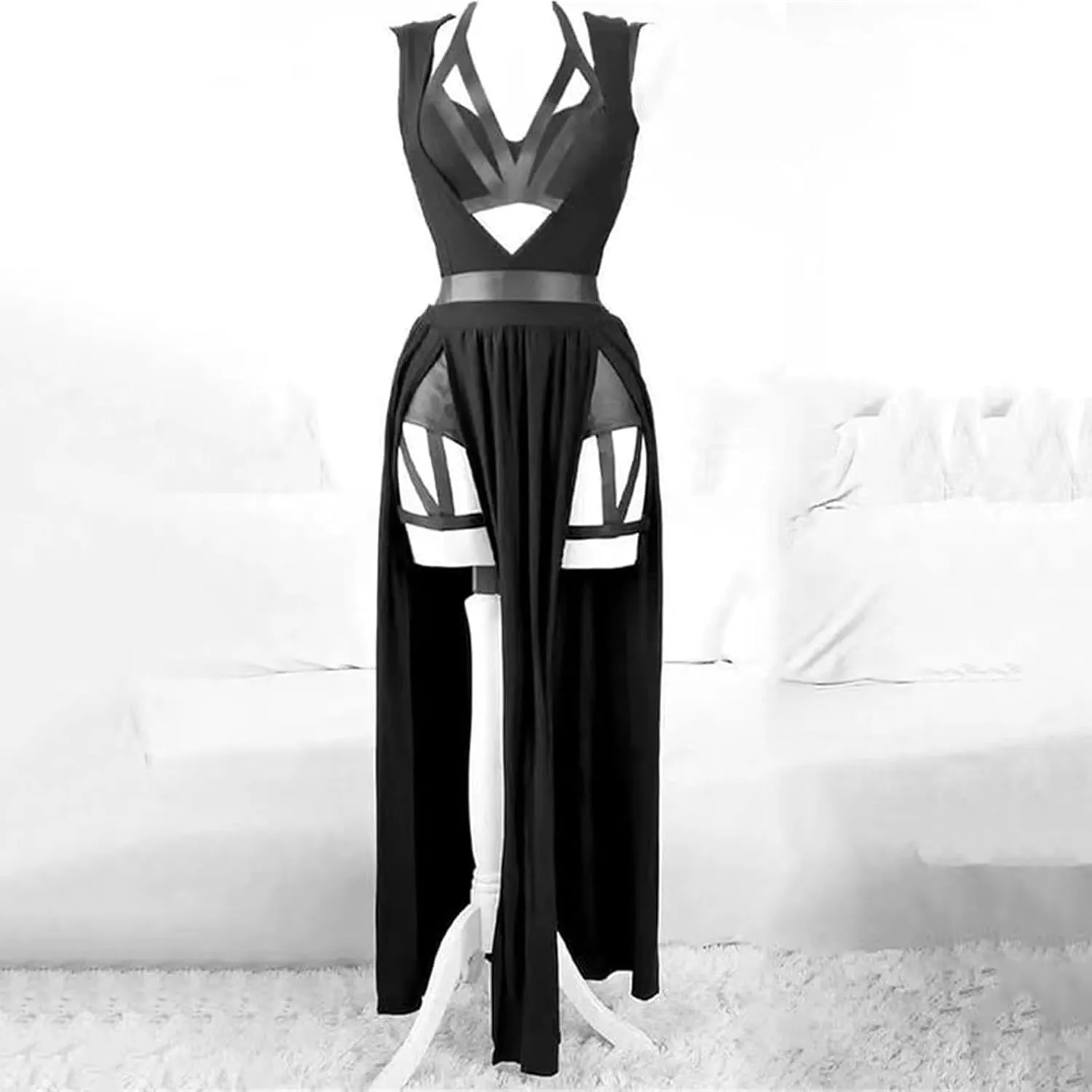 Women Gothic Lingerie Lace Babydoll 3 PC Sheer Mesh Long Dresses Front Criss-Cross Crop Top and Skirt Lingerie