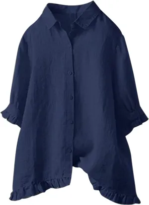 Women Linen Shirts Summer Cotton Linen Plain Long Sleeve T-Shirts Casual Plus Size Basic Crew Neck Tshirts