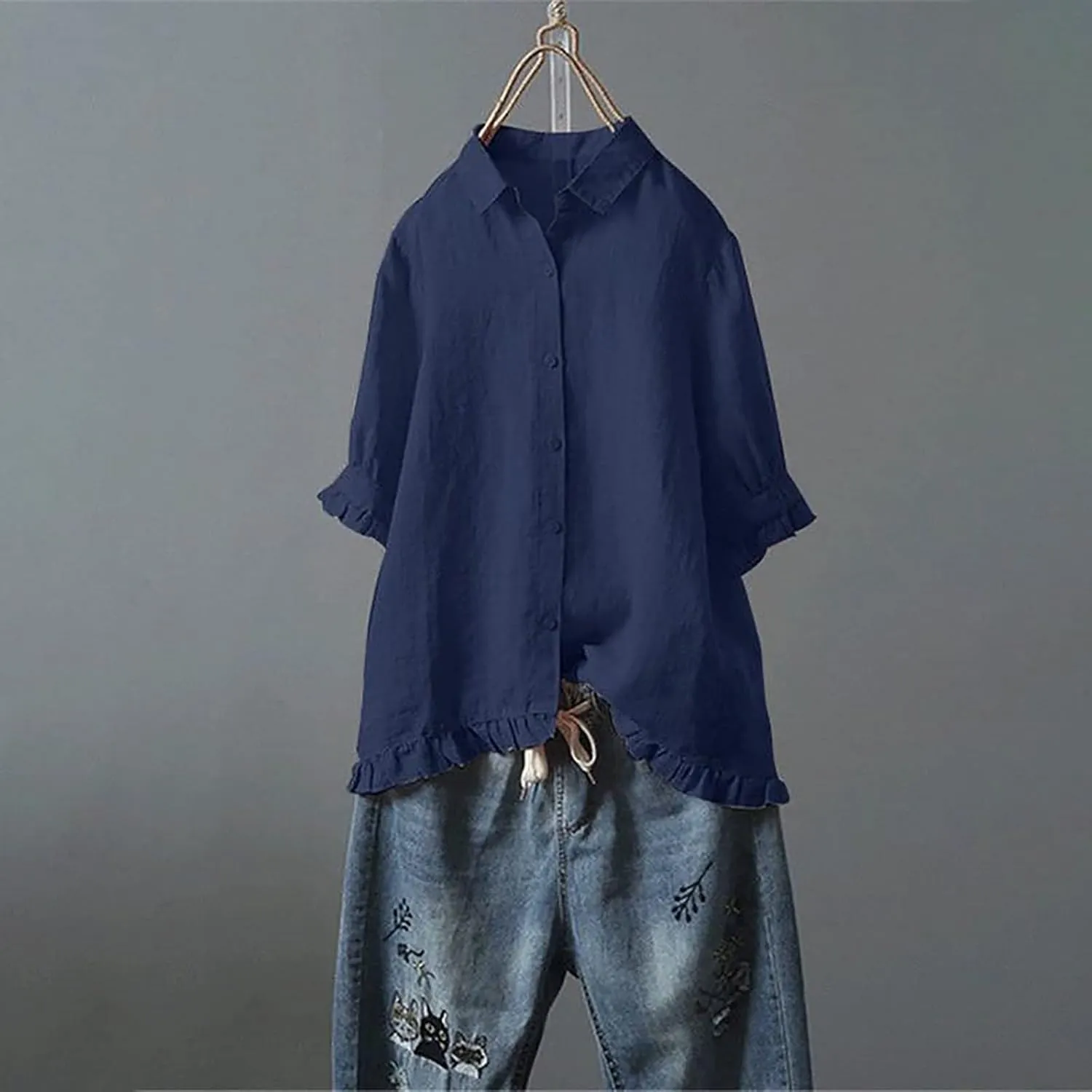 Women Linen Shirts Summer Cotton Linen Plain Long Sleeve T-Shirts Casual Plus Size Basic Crew Neck Tshirts