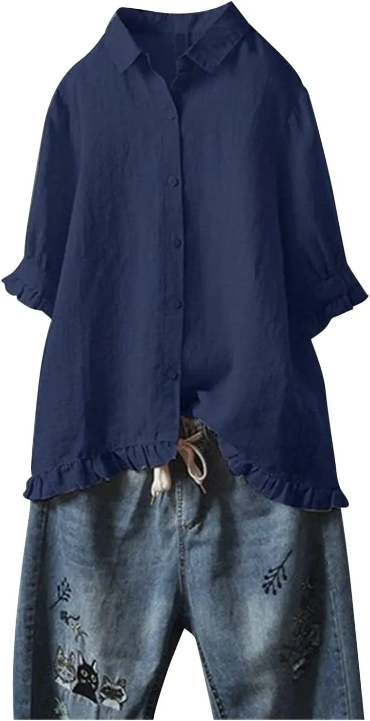 Women Linen Shirts Summer Cotton Linen Plain Long Sleeve T-Shirts Casual Plus Size Basic Crew Neck Tshirts