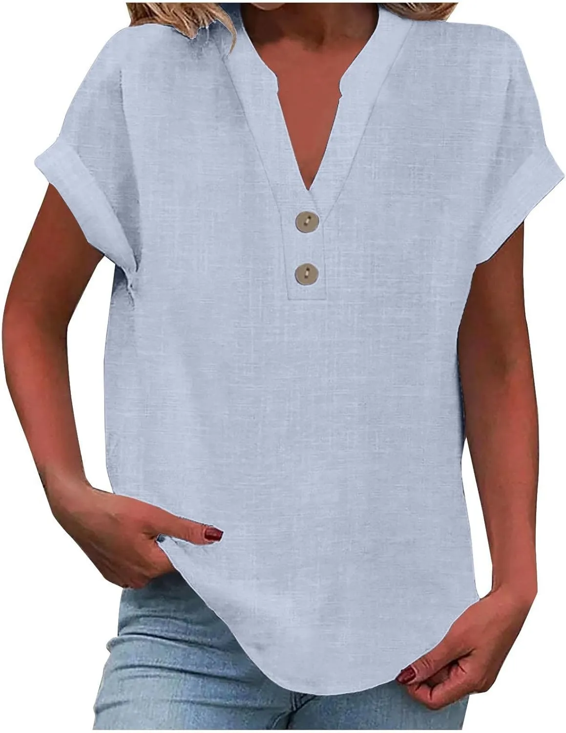 Women Linen Shirts V Neck Buttons Blouse Floral Boho Lightweight Tee Tops Short Sleeve Loose Tunic Top