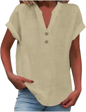 Women Linen Shirts V Neck Buttons Blouse Floral Boho Lightweight Tee Tops Short Sleeve Loose Tunic Top