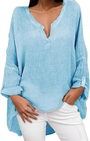 Women Linen Shirts V Neck Buttons Blouse Floral Boho Lightweight Tee Tops Short Sleeve Loose Tunic Top