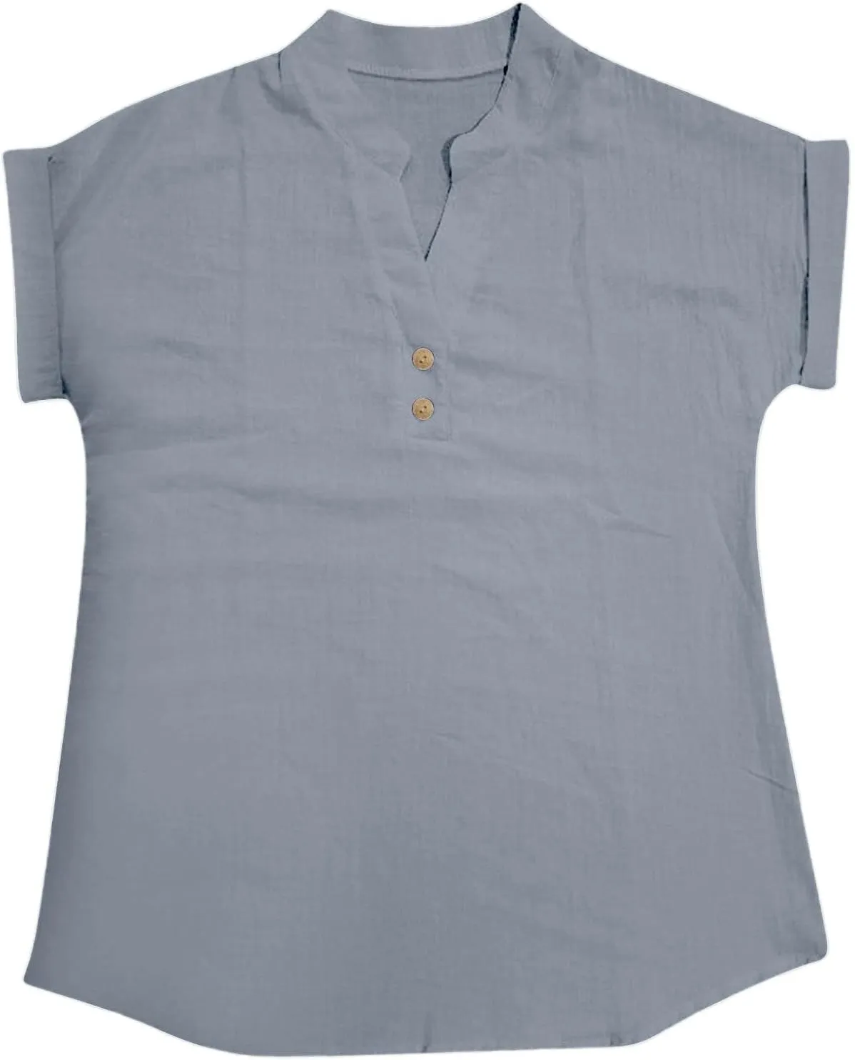 Women Linen Shirts V Neck Buttons Blouse Floral Boho Lightweight Tee Tops Short Sleeve Loose Tunic Top
