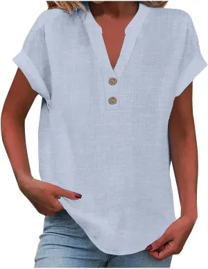 Women Linen Shirts V Neck Buttons Blouse Floral Boho Lightweight Tee Tops Short Sleeve Loose Tunic Top