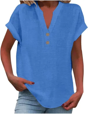 Women Linen Shirts V Neck Buttons Blouse Floral Boho Lightweight Tee Tops Short Sleeve Loose Tunic Top
