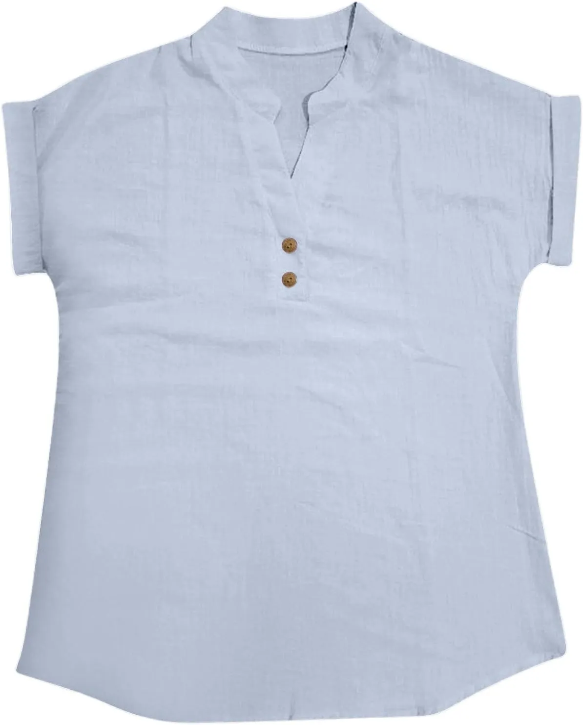 Women Linen Shirts V Neck Buttons Blouse Floral Boho Lightweight Tee Tops Short Sleeve Loose Tunic Top