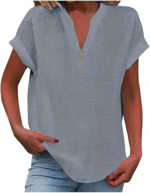 Women Linen Shirts V Neck Buttons Blouse Floral Boho Lightweight Tee Tops Short Sleeve Loose Tunic Top