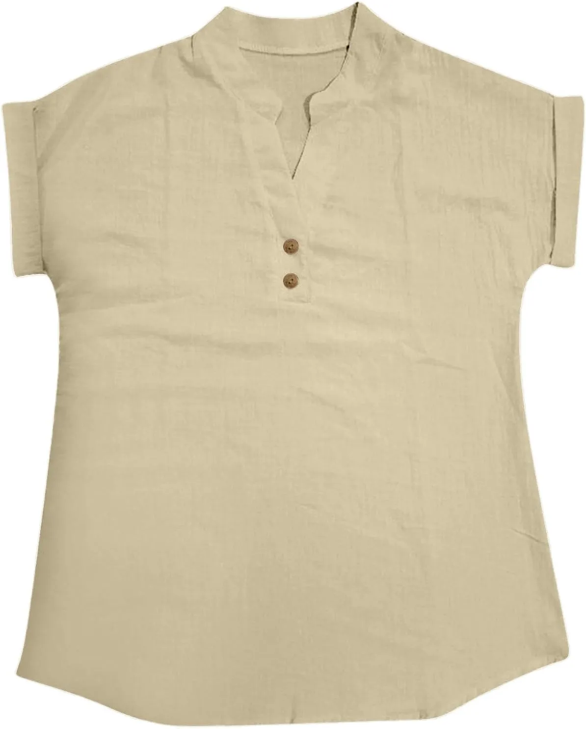 Women Linen Shirts V Neck Buttons Blouse Floral Boho Lightweight Tee Tops Short Sleeve Loose Tunic Top