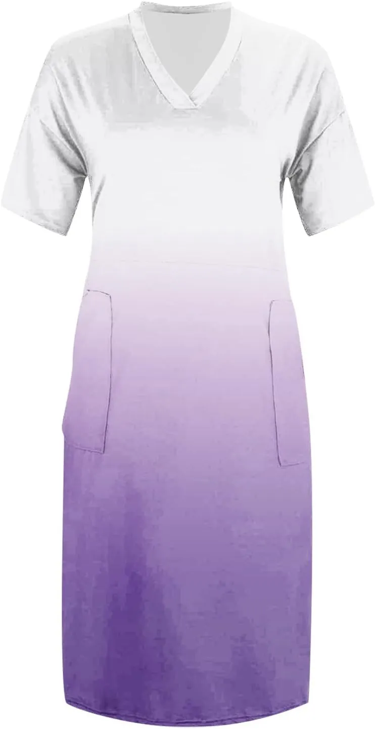 Women Plus Size Short Sleeve Dress Summer Casual Midi Tshirt Dresses V Neck Trendy Loose Sundresses with Pockets