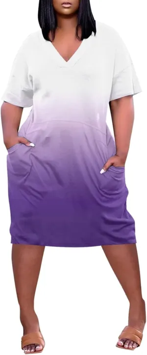 Women Plus Size Short Sleeve Dress Summer Casual Midi Tshirt Dresses V Neck Trendy Loose Sundresses with Pockets