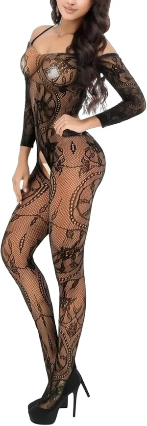 Women Sexy Lingerie Bodysuit Lace Full Body Stockings Mesh See Through Hole Full Length Sleeves Babydoll Fishnet Bodysuits