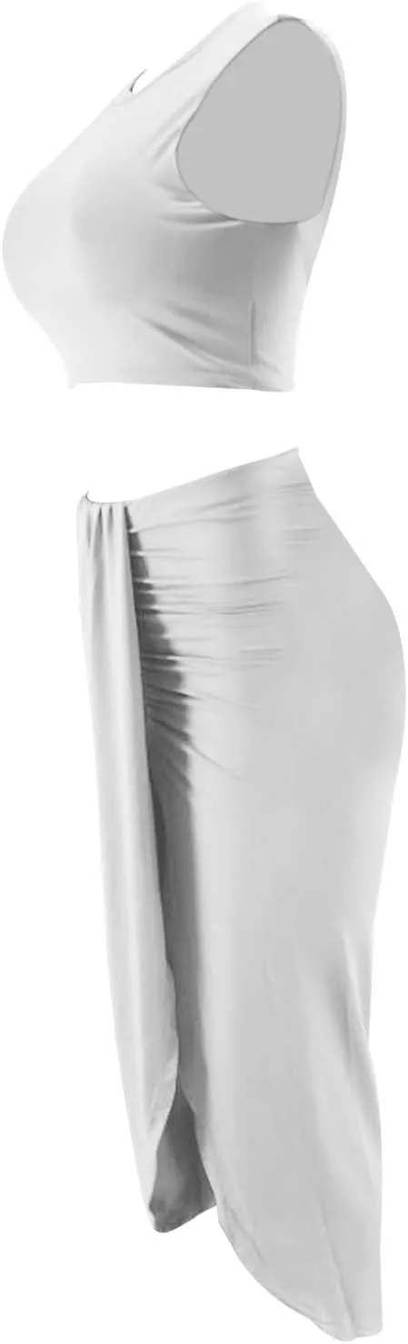 Women Sexy Solid Color Short Vest Pleated Slit Skirt Two Piece Set Womens Swimming Suits Slimming