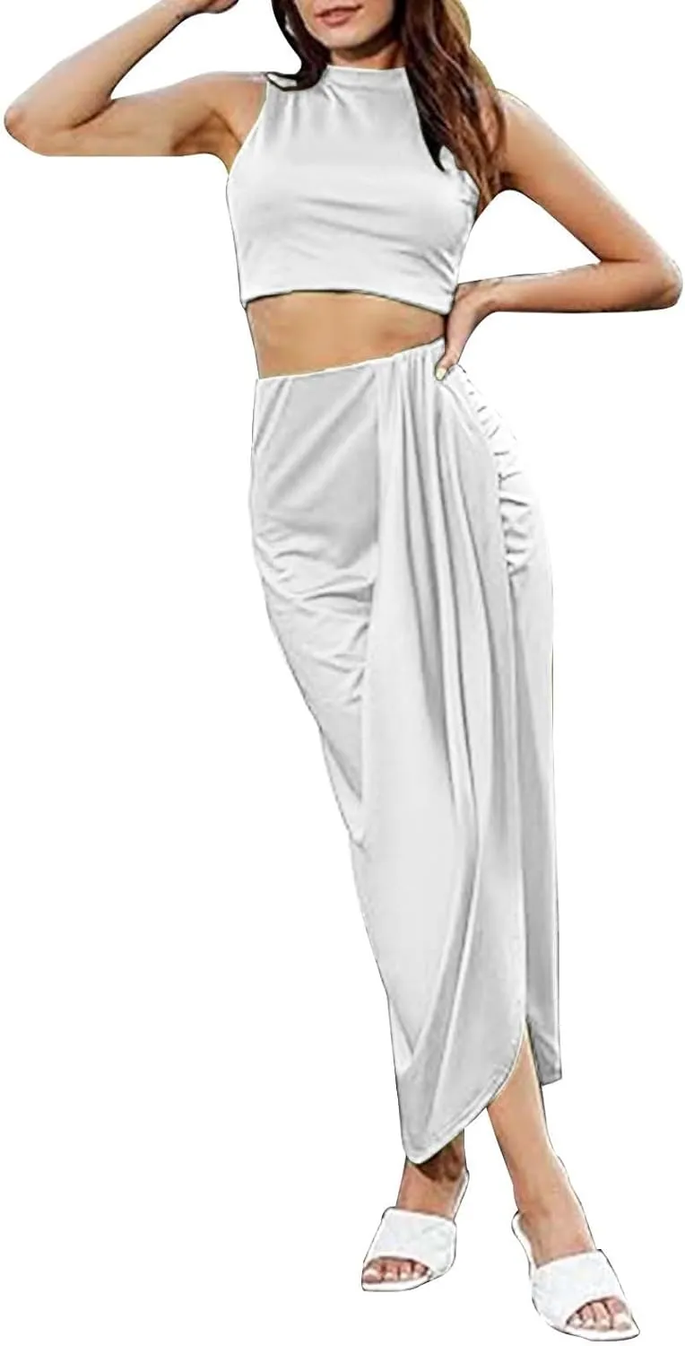 Women Sexy Solid Color Short Vest Pleated Slit Skirt Two Piece Set Womens Swimming Suits Slimming