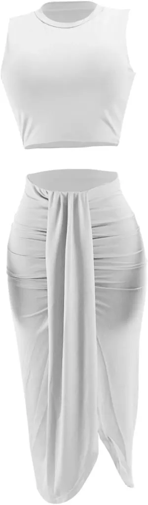Women Sexy Solid Color Short Vest Pleated Slit Skirt Two Piece Set Womens Swimming Suits Slimming