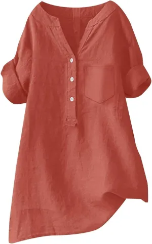 Women Short Sleeve Linen Shirts Casual V Neck Trendy Dressy T Shirt Collared Button Down Loose Summer Tshirts