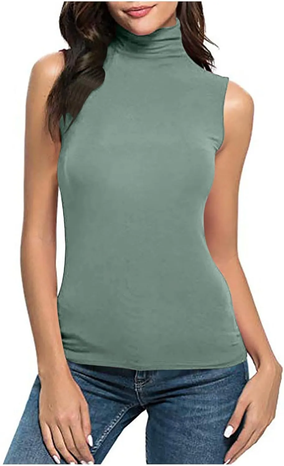 Women Sleeveless Mock Turtleneck Tank Tops Slim Fit Stretchy Base Layer Tee Shirts Solid Color Undershirts